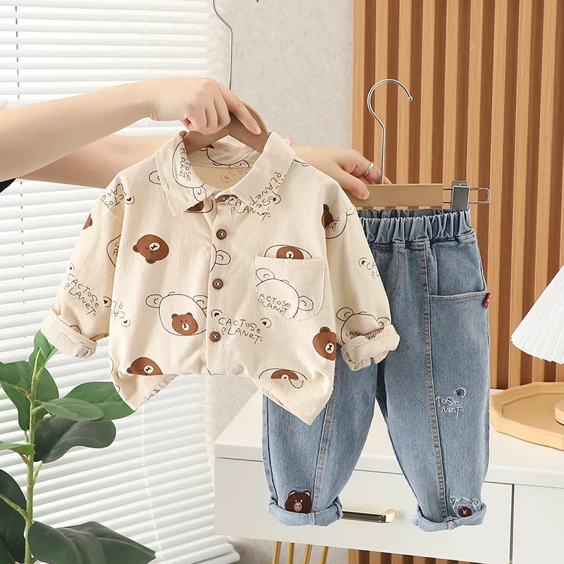 New Spring Autumn Boys Clothing Set Full Print Bear Shirt + Jeans 2Pcs Suit For Kids Children Birthday Present Outfit