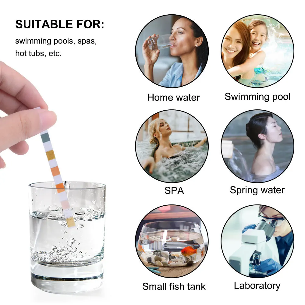 50 Stück/Flasche 6 in 1 Mehrzweck-Chlor-PH-Teststreifen SPA Schwimmbad Wasser Tester Papier – Detail 4