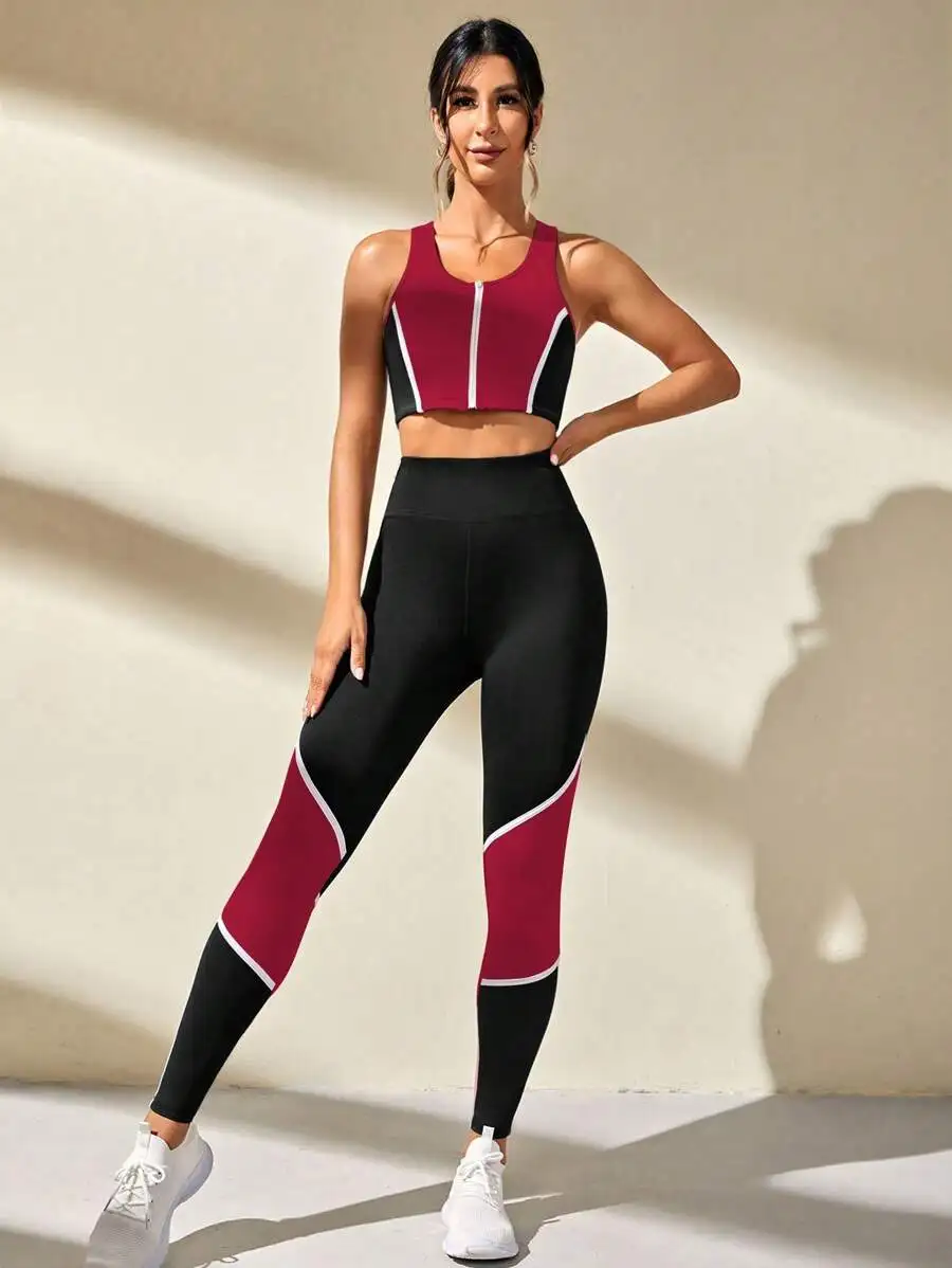 

Color Block Zipper Trim Sleeveless Sports Top And Leggings Set For Women
