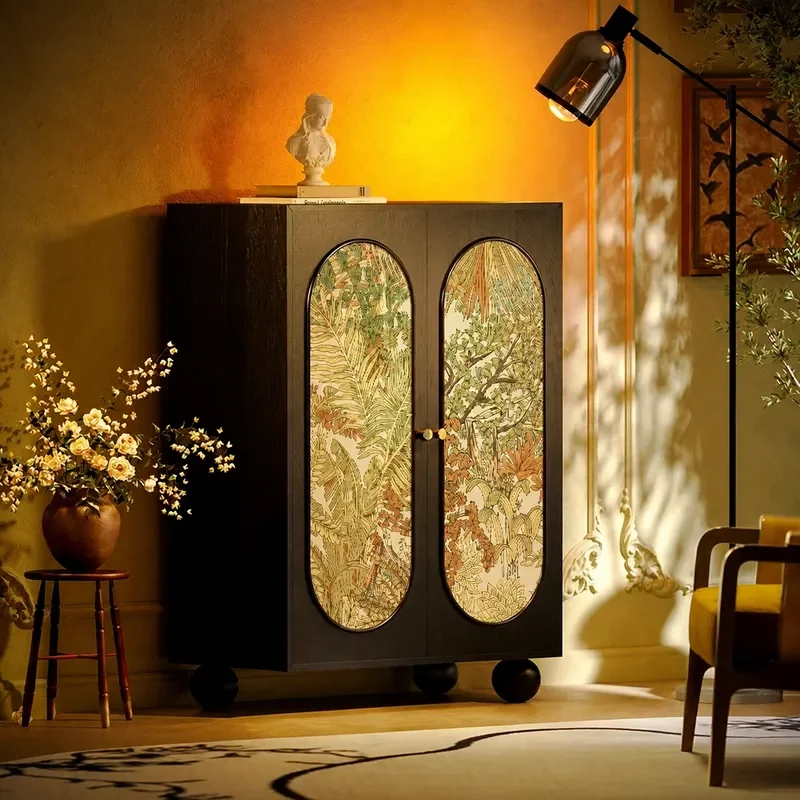 Medieval Flower TV Cabinet Solid Wood Storage Console for Living Room Entrance Decorative Vertical Cabinet