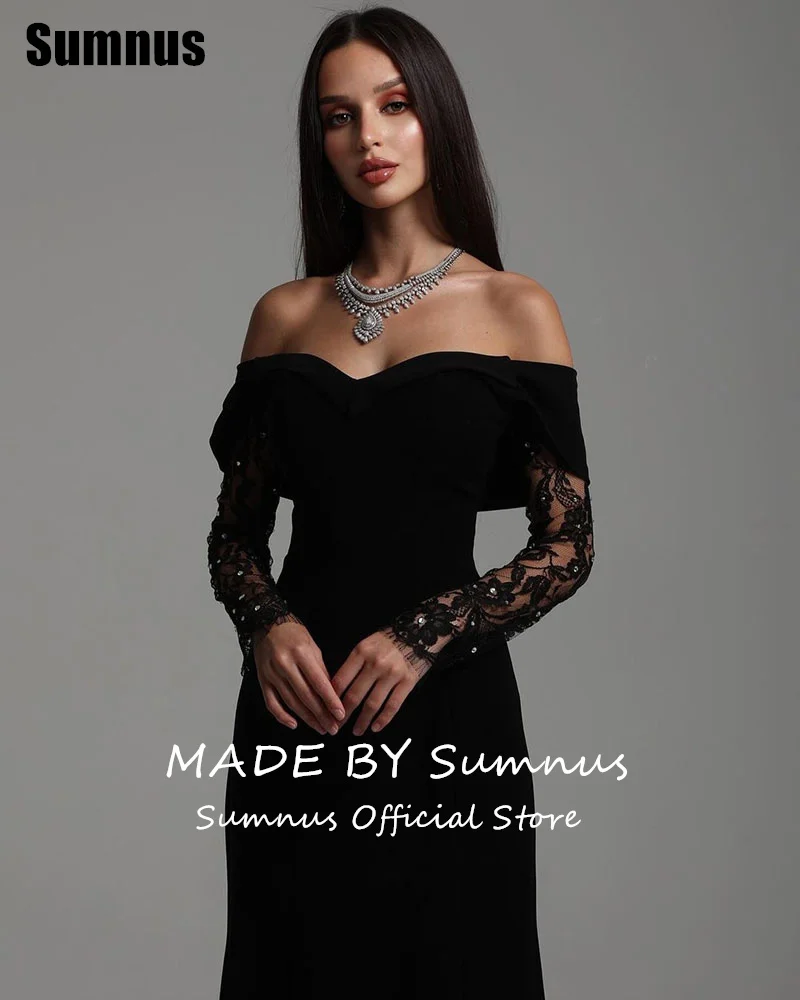 SUMNUS-vestido de fiesta de sirena negro con encaje, vestidos de fiesta elegantes con hombros descubiertos, vestidos formales hasta el suelo personalizados