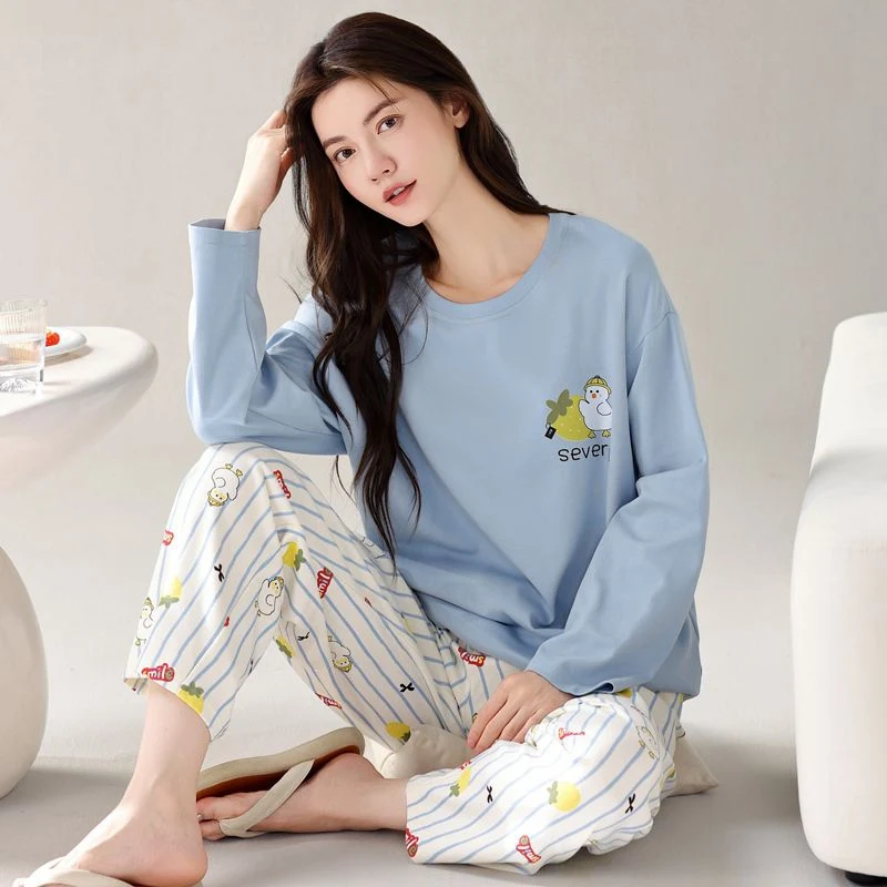 2025 Autumn Long Sleeve 100% Cotton Print Pajama Sets for Women Korean Loose Sleepwear Pyjama Homewear Pijama Mujer Home Clothes