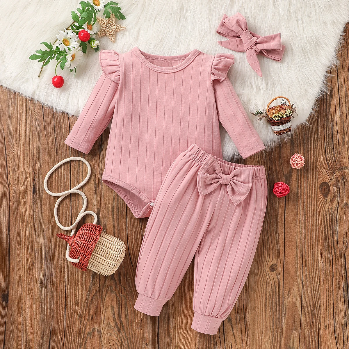 Baby Girl\'s full Solid All Seasons Pink Pantsuit With Bow For Cute Daily Wear Clothes+Headband