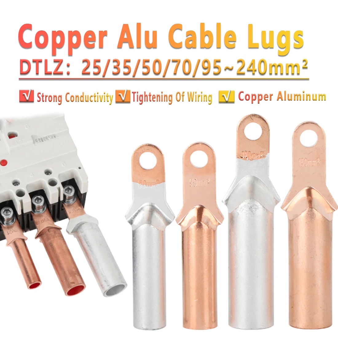 1PCS DTL Square Head Cu-Al Cable Lug 25/35~240mm² for Circuit Breakers DIN Certified Cable Crimp Terminal Wire Connector Bare