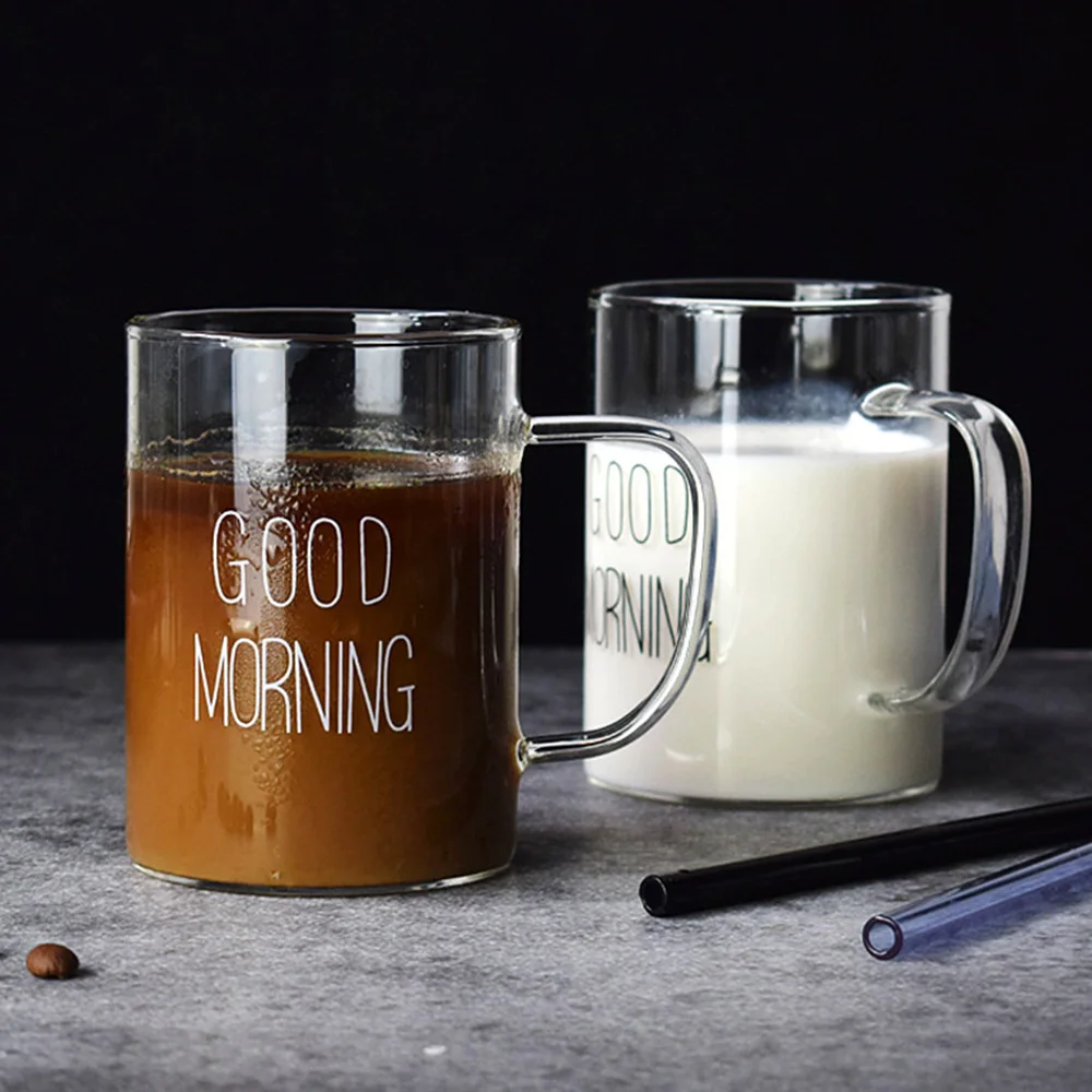 400ML Letter Printed Glass Cup Transparent Coffee Mug Teacup Creative Dessert Breakfast Cup Iced Juice Drink Cup Home Drinkware