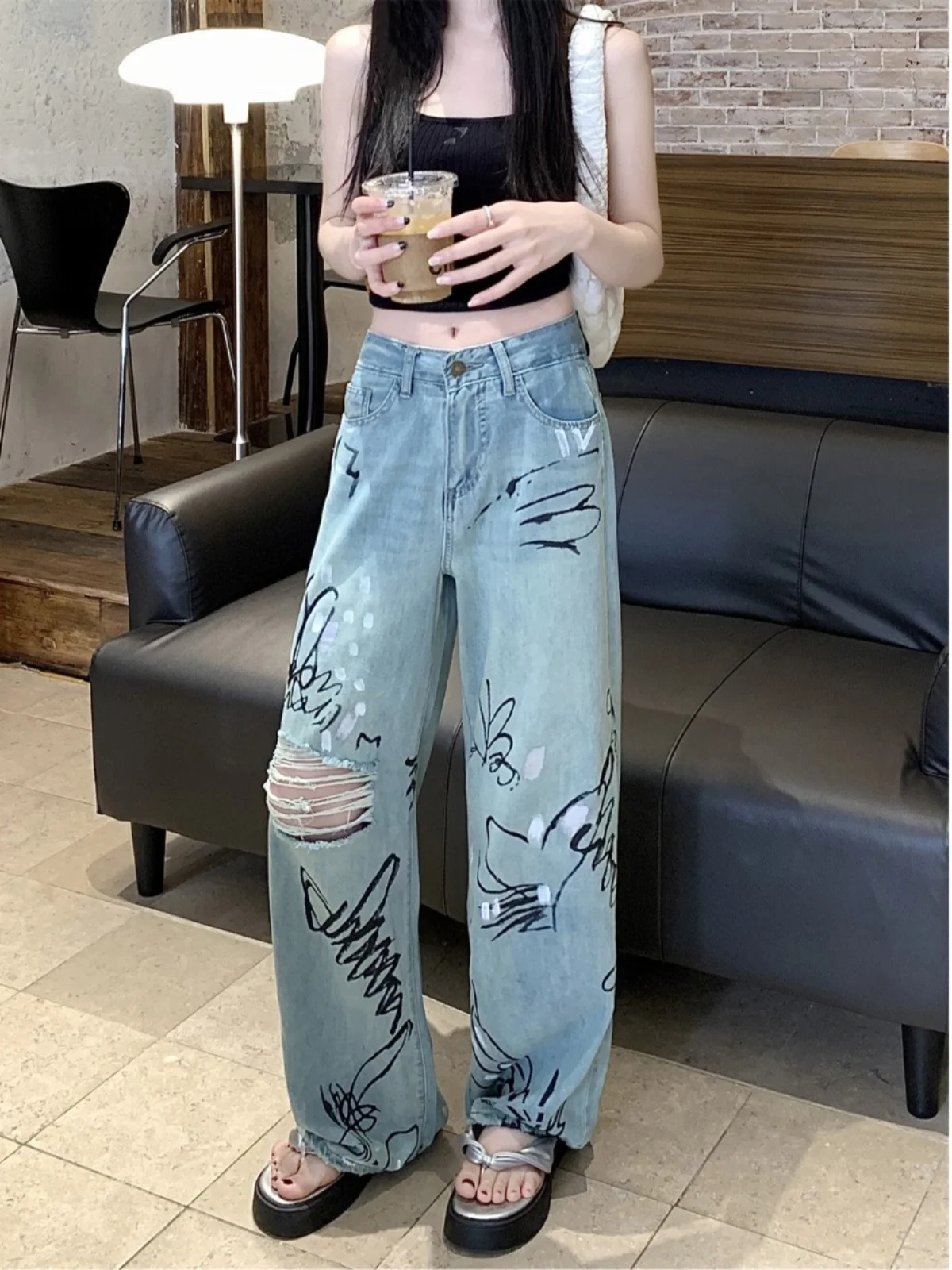Jeans rasgado com estampa gráfica feminina, calça jeans vintage Harajuku, calça de vaqueiro Y2K, roupas japonesas desprezáveis, estilo anos 2000, 2024