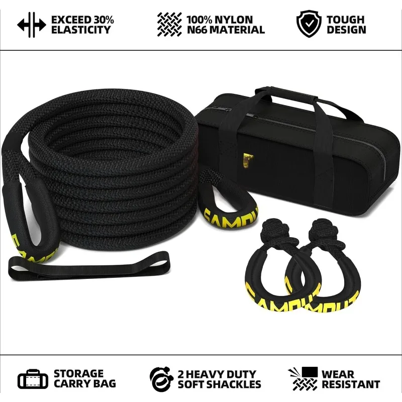 Tali Pemulihan Kinetik (48000Lbs 1in x 30ft) + 2 Buah Belenggu Lembut Sintetis, Tali Perebut Energi Elastisitas 30% Tugas Ekstrim untuk 4 orang