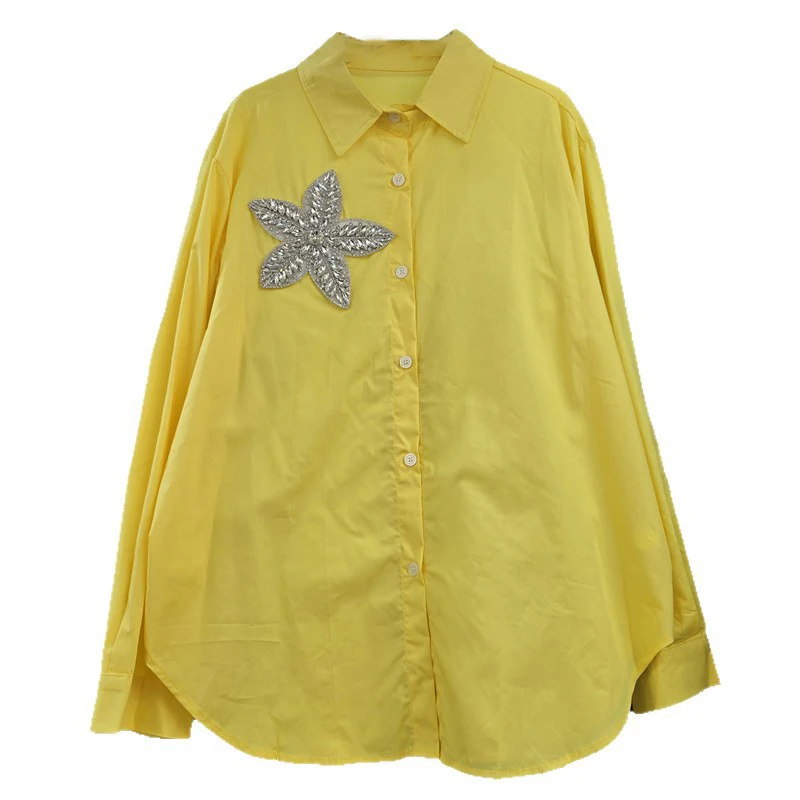 WTHT 트렌디 여성 헤비 인더스트리 다이아몬드 3D 장식 캐주얼 셔츠 2025 가을 패션 긴 소매 블라우스 여성 1LS2586