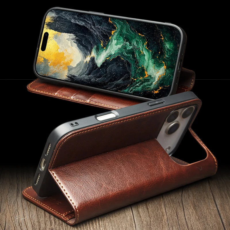QIALINO Premium Genuine Leather Phone Case for iPhone 18 17 16 15 14 13 12 11 Pro Max Mini Air Plus Natural Cowhide Wallet Cover