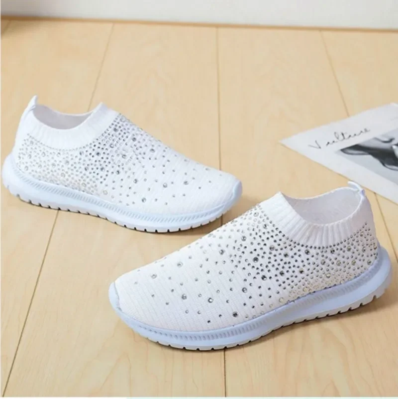 Large Size Rhinestone Elastic Socks Shoes Casual Women\'s Flying Woven Breathable Lightweight Casual Thick-soled Shoes