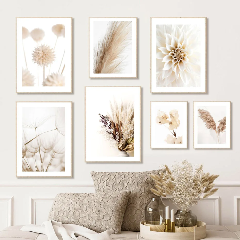 

Nordic Posters Natural Bouquet Reed Flower Spike Dahlia Immortal Flower Dandelion Wall Art Canvas Painting For Living Room Decor