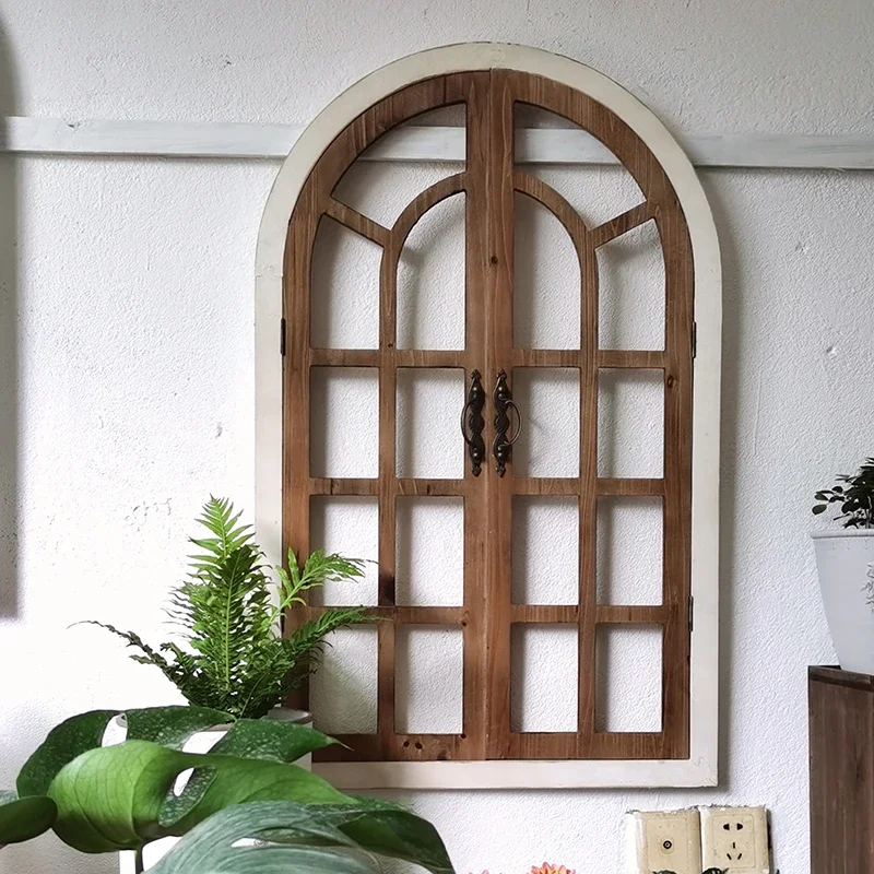 European-style solid wooden fake windows retro old living room dining room wall hanging shooting props background wall