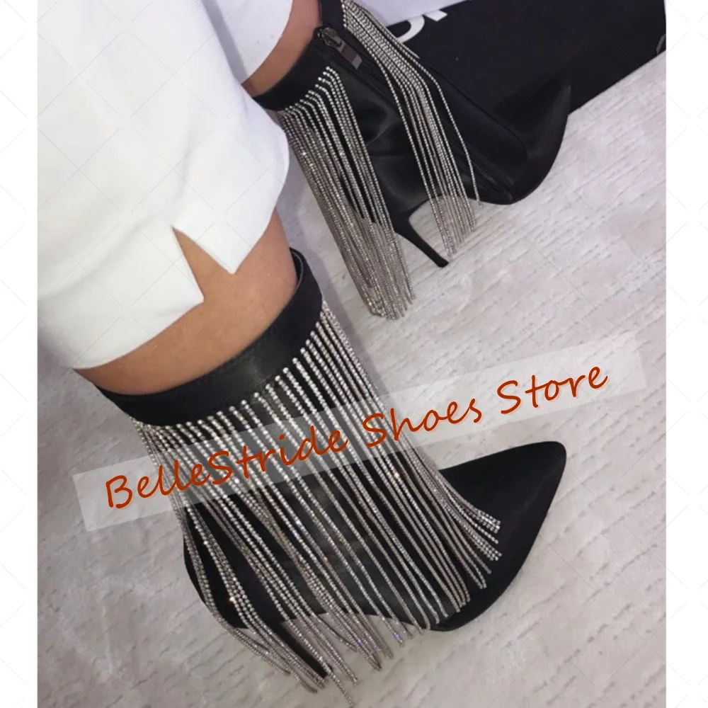 

Black Side Zipper Crystal Tassels Decor Boots Pointed Toe Women Shoes Thin High Heels Party Banquet Dating 2025 Zapatos Para Muj