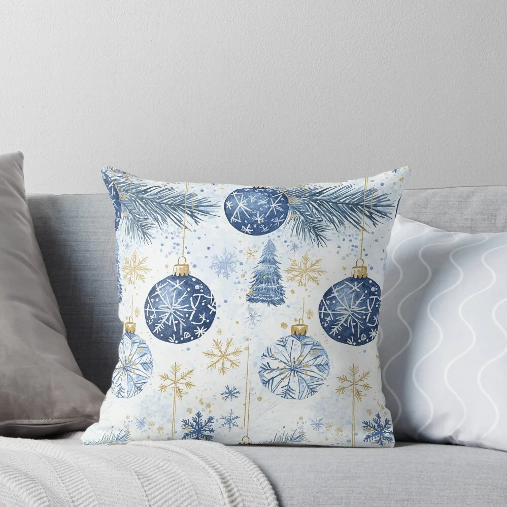 Blue and White Chinoiserie Christmas Ornaments Pattern Mugs by NoarusRainbowLand - Perfect for Cozy Winter Mornings Throw Pillow