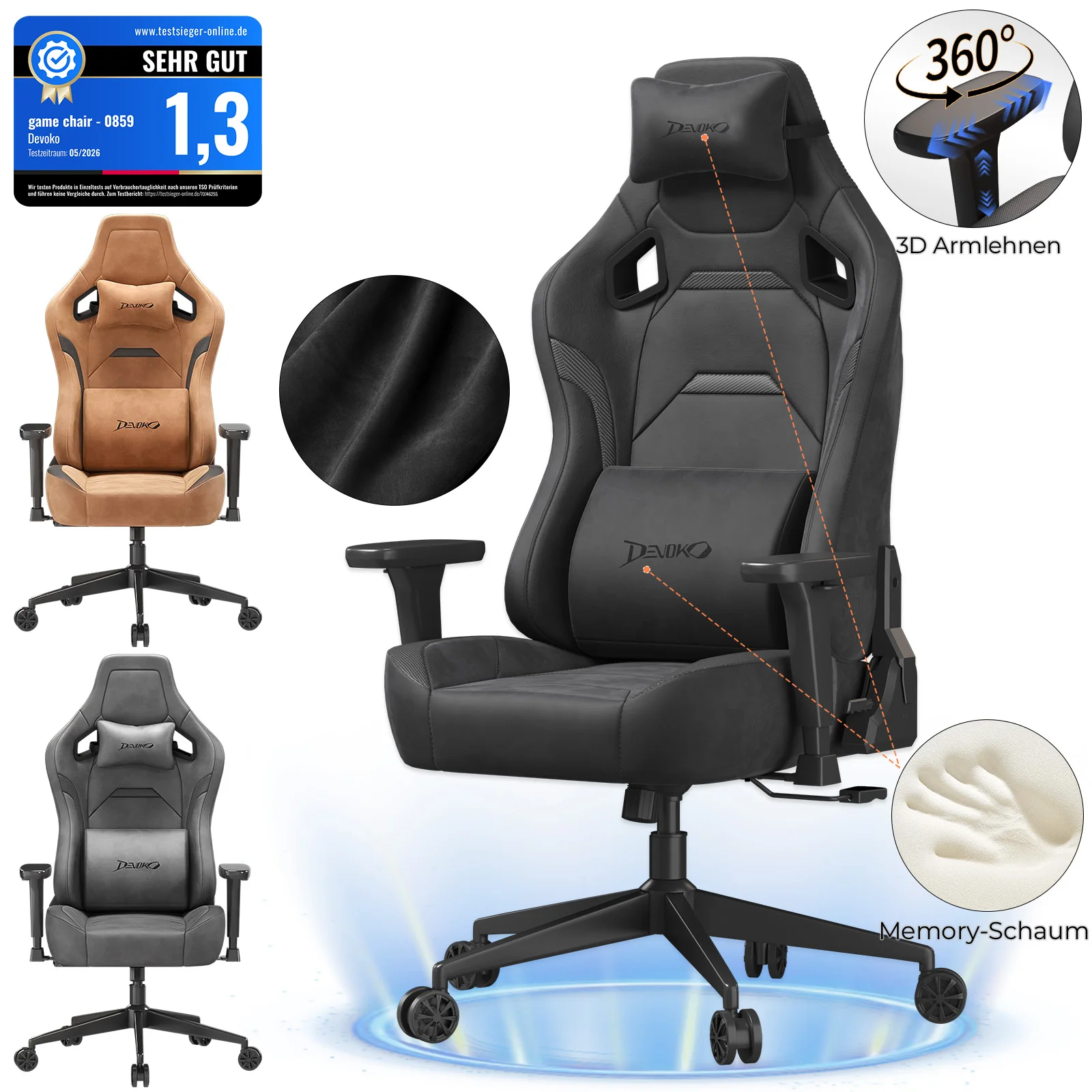 HOMALL Chaise de jeu rétro en daim - Chaise ergonomique avec accoudoirs réglables en 3D, support lombaire en mousse à mémoire de forme et fonction inclinable pour le bureau et les jeux