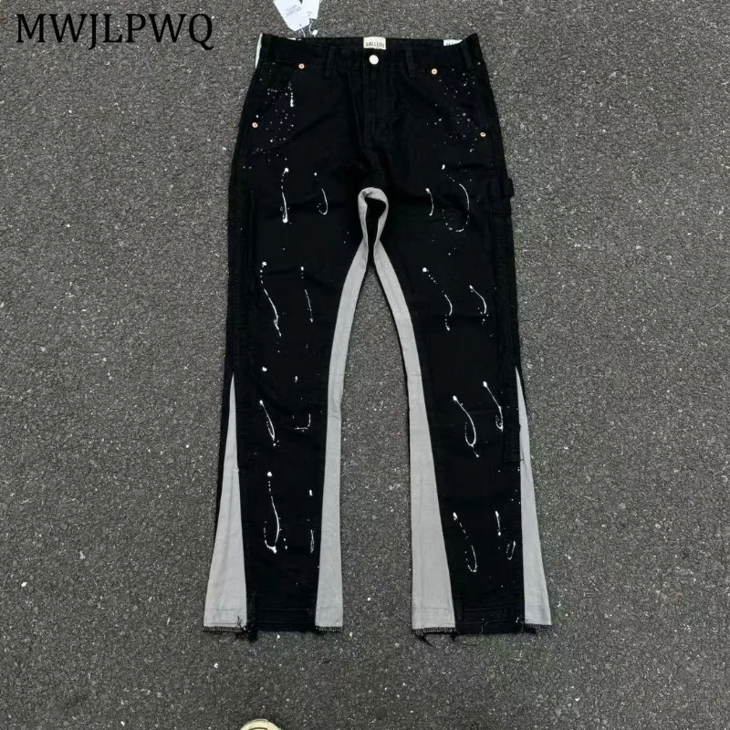 

MWJLPWQ Patchwork Washed Jeans Male Ink Splash Niched Design Unisex High Street Flared Pants Hiphop Trend Casual Trousers 11249