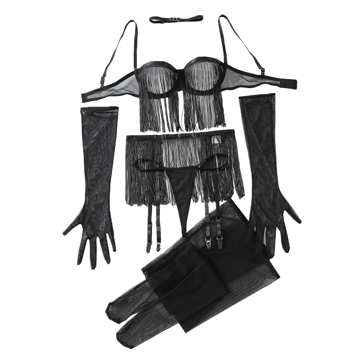 

Sexy Lace Transparent Fringe Hollow Out Lingerie Set, No-Removal Temptation Seduction Six-Piece Set