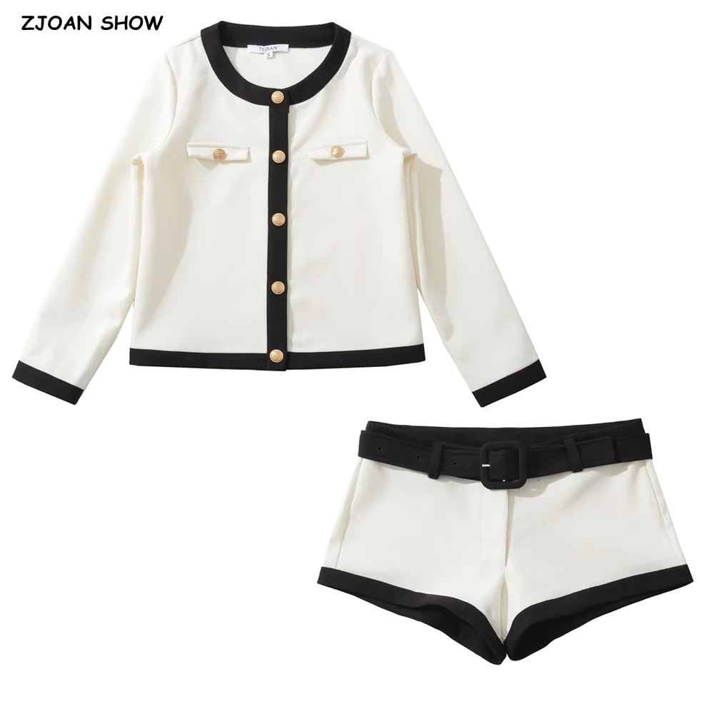 

2 pieces 1 Set 2025 French Style Retro Contrast color O neck Woven Tweed Coat + With Belt Low Waist Mini Shorts Pants Suits