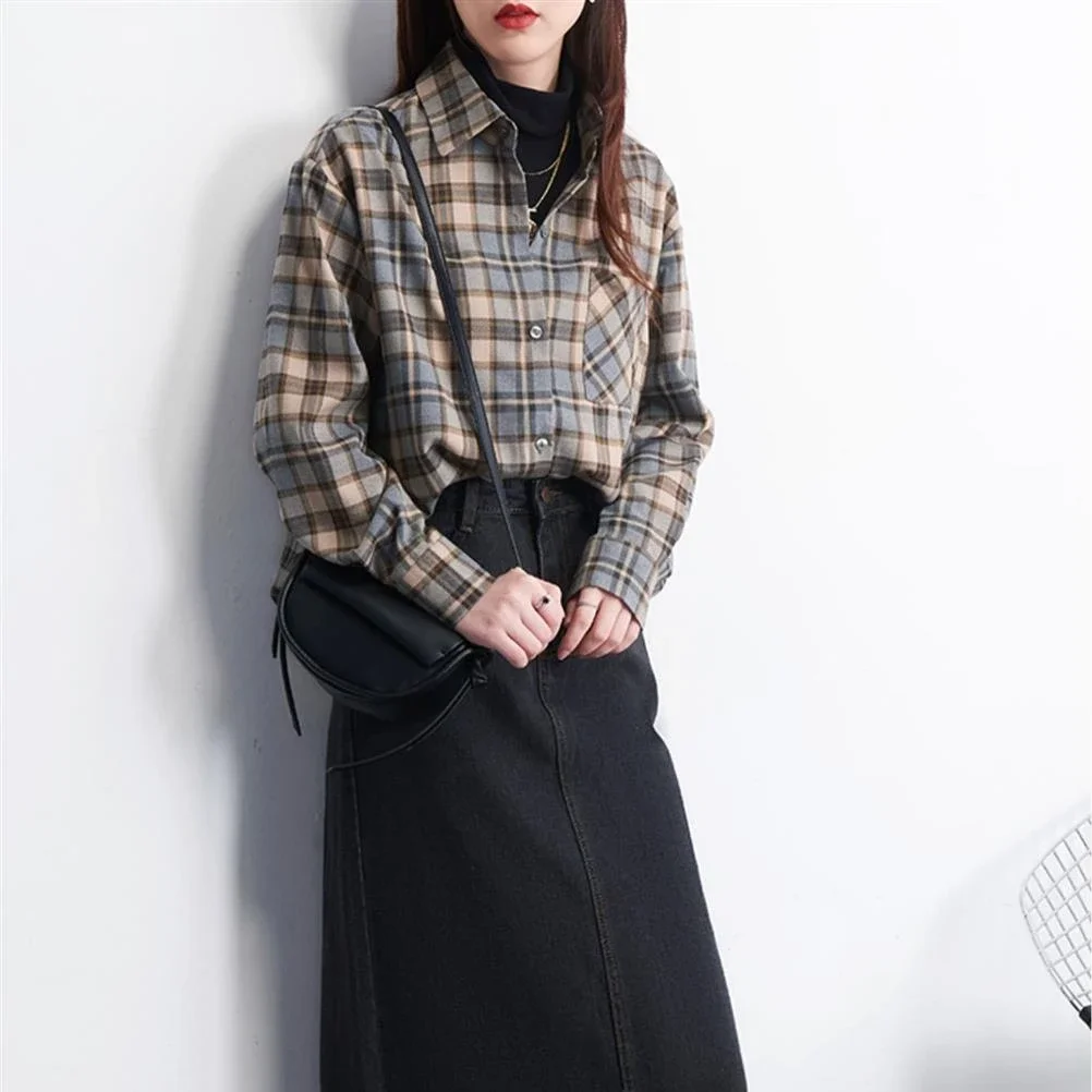 Geruite shirts Dames Elegant All-match Retro High Street Design Turn-down kraag Single Breasted Lange mouw Blouses Lady Ulzzang