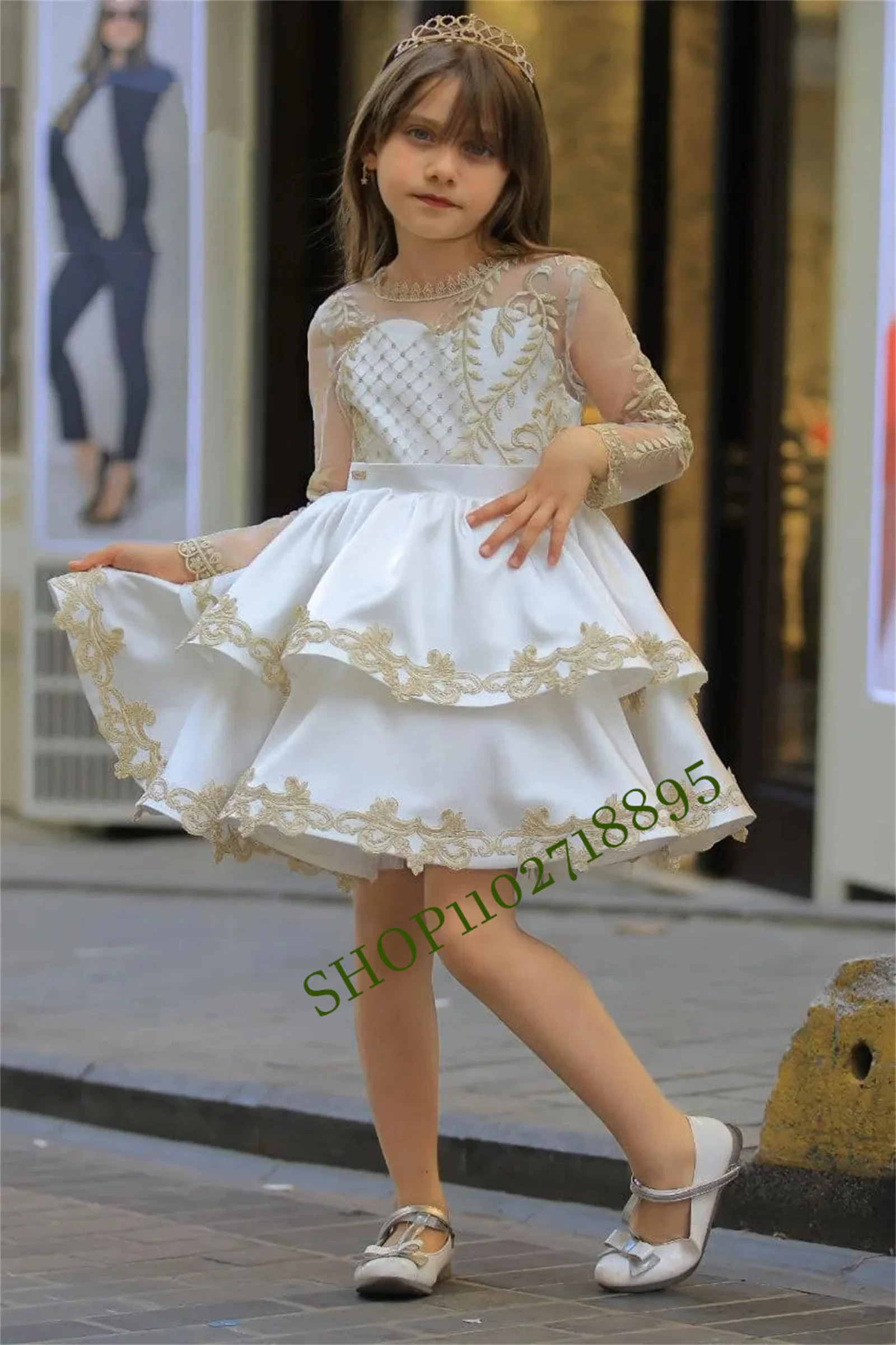 Gold Thread Baby Dress Birthday Communio Style Flower Girl Ball Gown Sparkling Applique Corest Princess Toddler