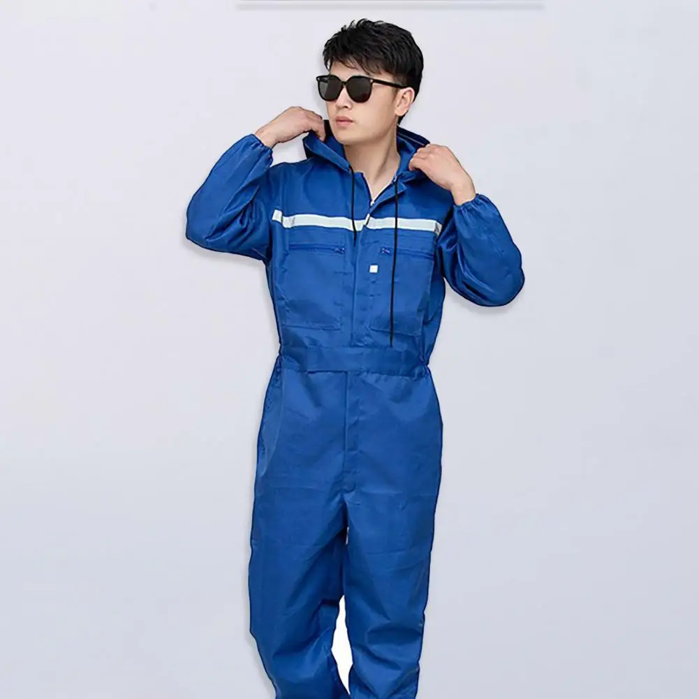 ทํางาน Overalls Hooded Drawstring กระเป๋าซิปสะท้อนแสงหลวมความปลอดภัย Worker Coveralls Mechcanic Jumpsuit ชุดทํางานอัตโนมัติ