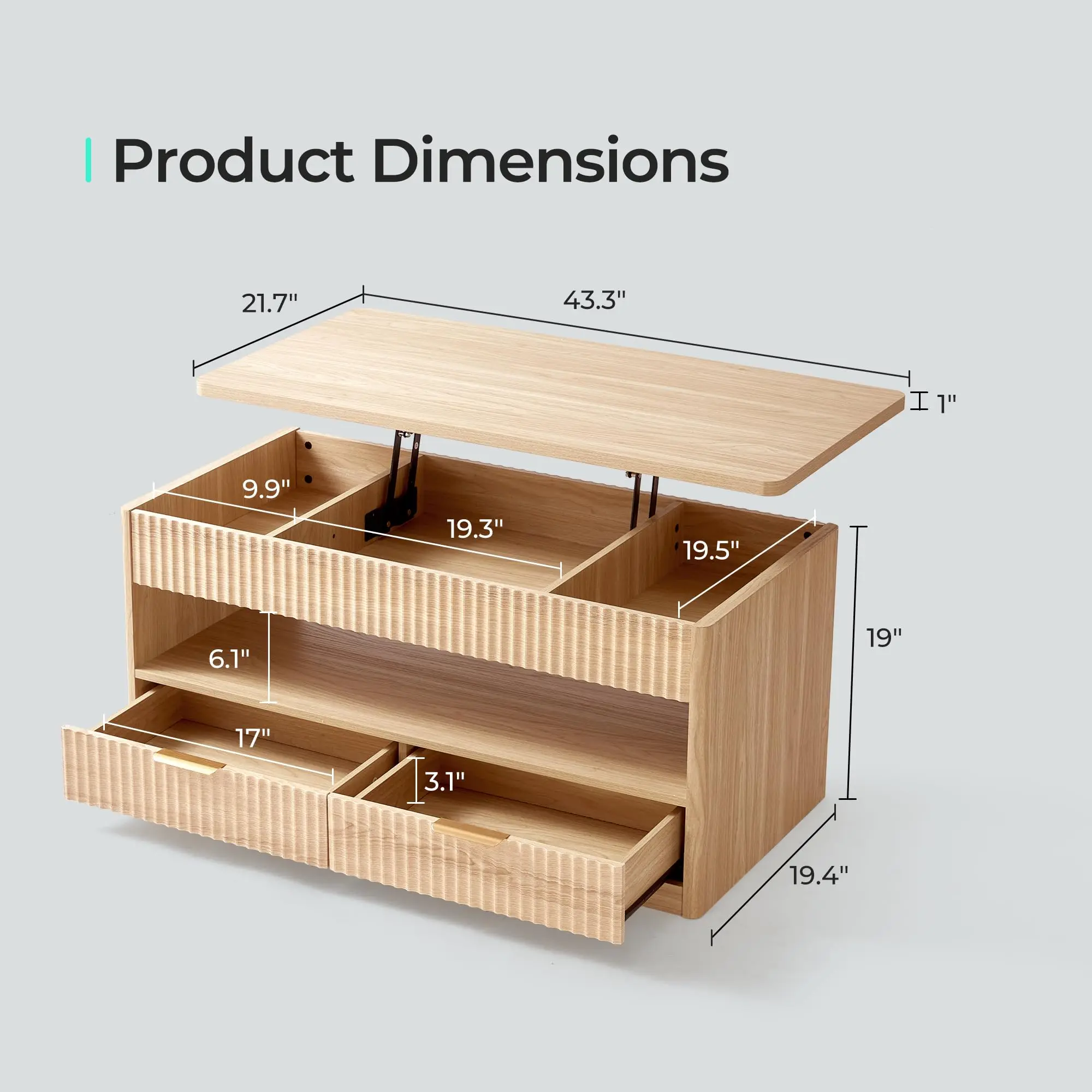 Home Lift Top Coffee Table with Hidden Storage, Adjustable Shelf, Oak | Farmhouse Wood Coffee Table with Metal Handles