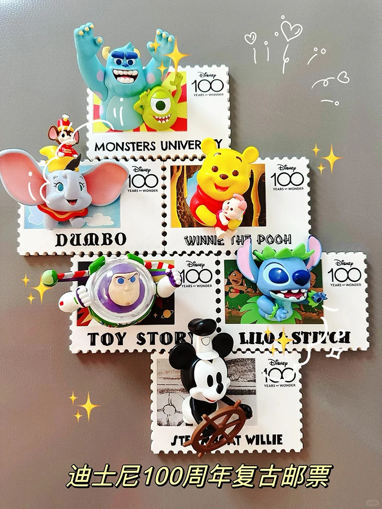 Miniso Disney 100th ANNIVERSARY VINTAGE แสตมป์กล่องตาบอด Creative ตู้เย็นแม่เหล็ก Mystery กล่องของขวัญวันเกิดสําหรับเพื่อน