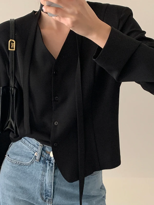 Koreaanse Sle Damespak irt V-Ne Single Button Tie Taille Ele Faionable Long Sve Office Wear Pure Color