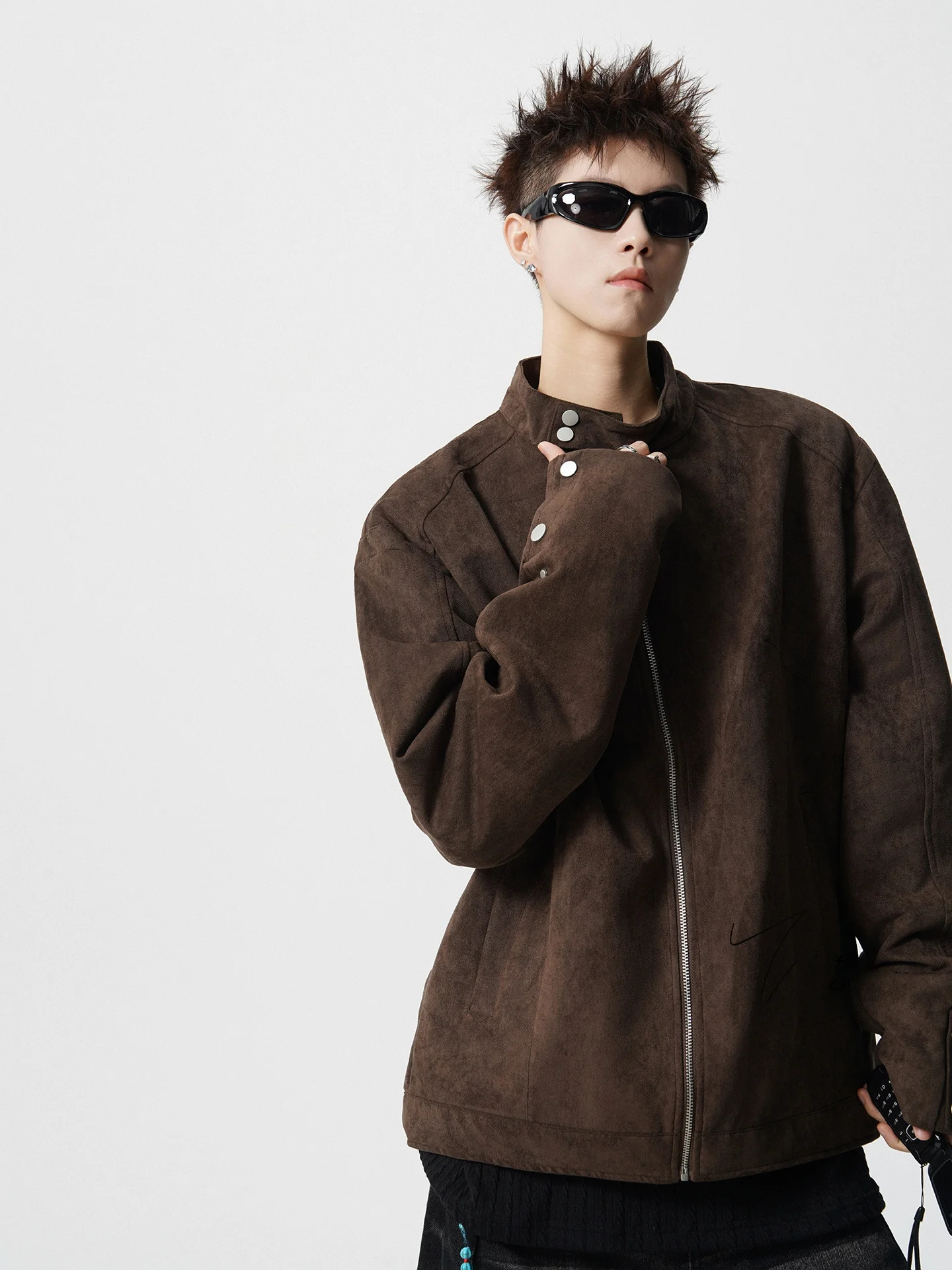 

V37 American Sle Brown Suede Stand Collar Jaet Men's Heavyweight Trendy ort Coat Polyester Fabric Youth ular