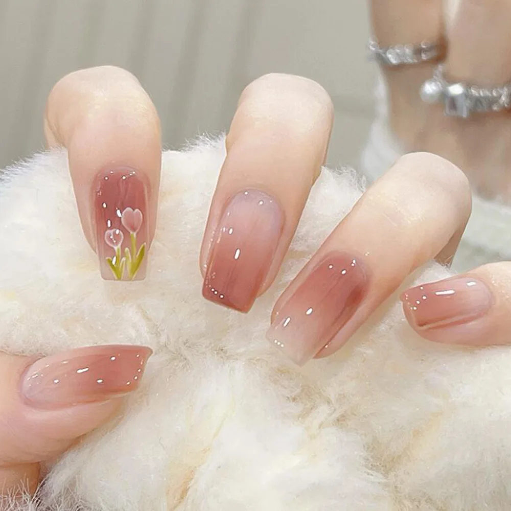 24 szt. Średniej długości kwadratowe sztuczne paznokcie do wciskania, fioletowy wzór z plamami, sztuczne paznokcie z kwiatowym wzorem, błyszczące pudrowe, do noszenia, tipsy do manicure