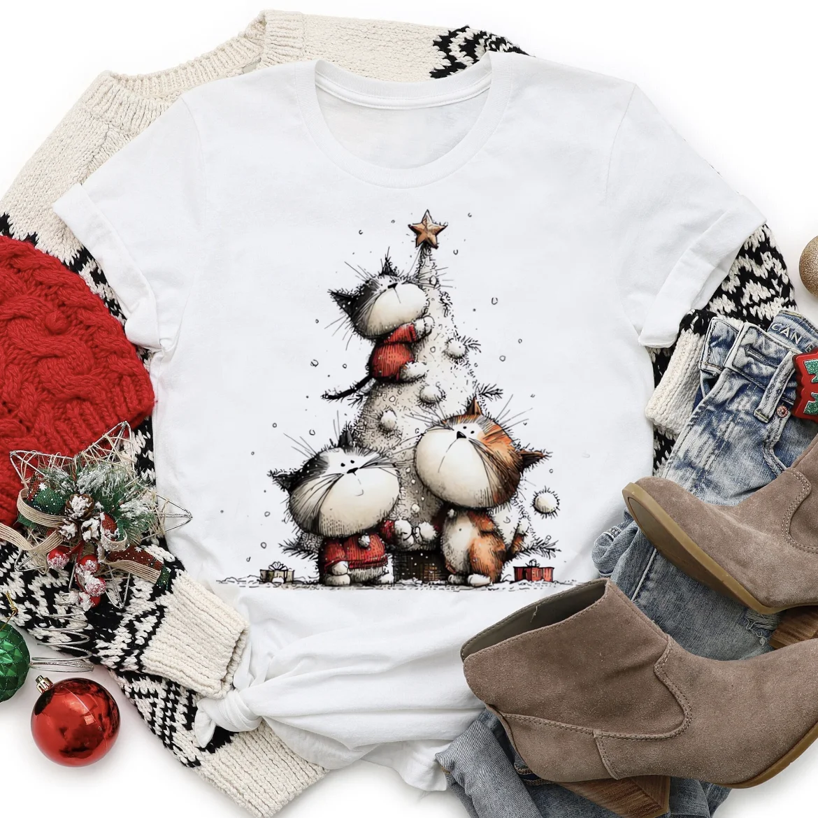 

Рождественская елка с тремя кошками, милый стиль, женская футболка с принтом, модная повседневная женская забавная футболка с круглым вырезом, футболка с героями мультфильмов