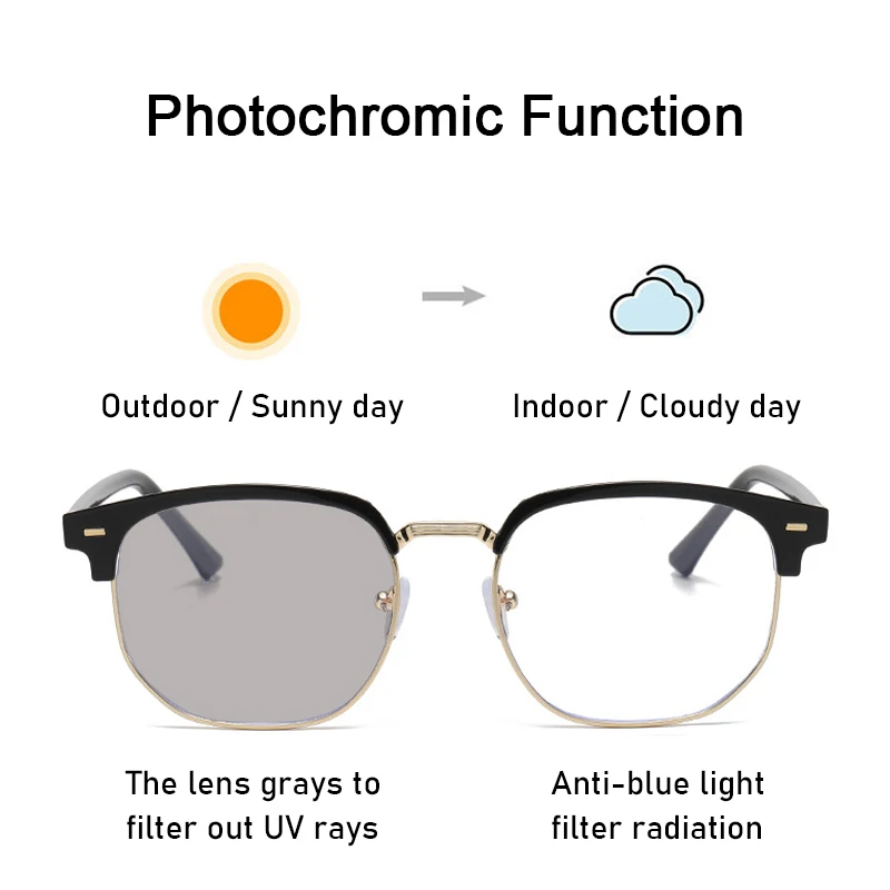 XJiea 2024 포토크로믹 안티 블루 라이트 안경, 남성용 패션 직사각형 세미 무테 안경, 여성용 사무실 컴퓨터 고글