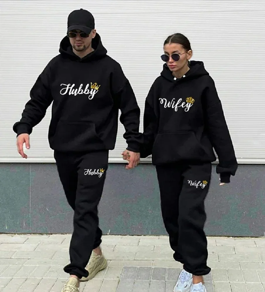 A Pair Of Sportswear Husband And Wife Print Enthusiast Clothing Wool Suit Fashion Men\'s Hoodie 2 Piece Set Women\'s Tracksuit