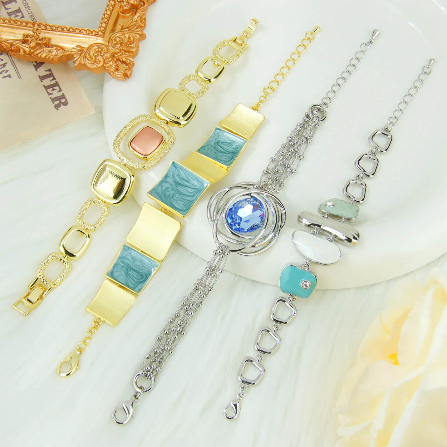 Vintage Baroque Crystal Bracelet Brazilian Textured Gold Color Blue Gemstone Statement Bracelet for Women Beach Party Vacation
