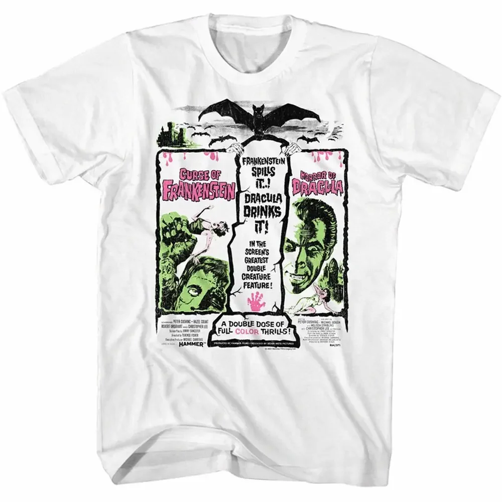 Hammer Horror Dracula And Frankenstein White Adult T Shirt