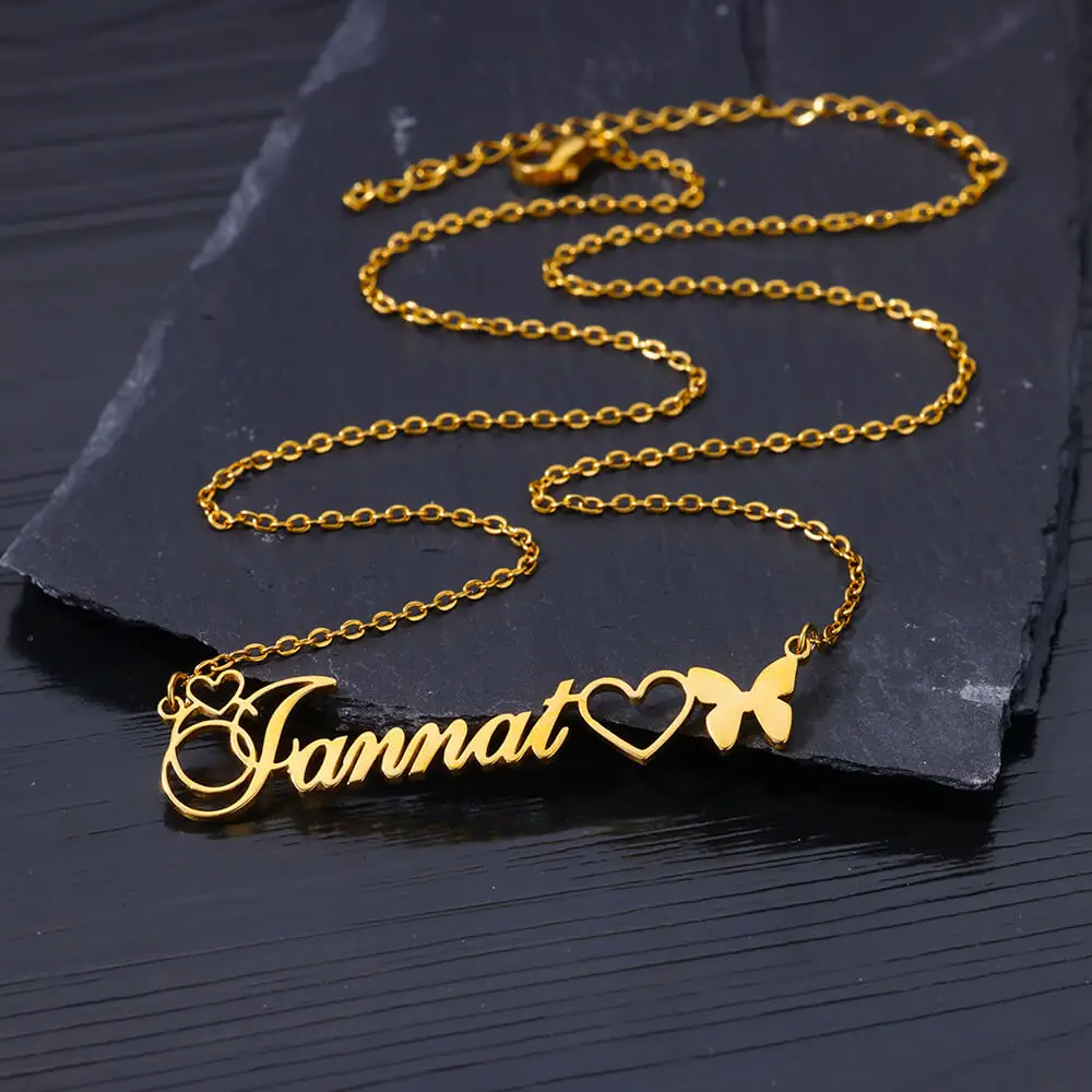 Custom Hollow Heart Name Necklaces For Women Gold Color Personalized Name Butterfly Necklace Stainless Steel Jewelry Gift 2024