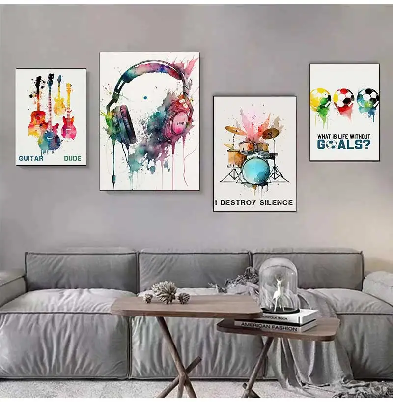 Watercolor Pop Modern Canvas Wall Art Print Poster Car Driver Guitar Drums Sneakers Collection Soccer Football Boy's Room Decor