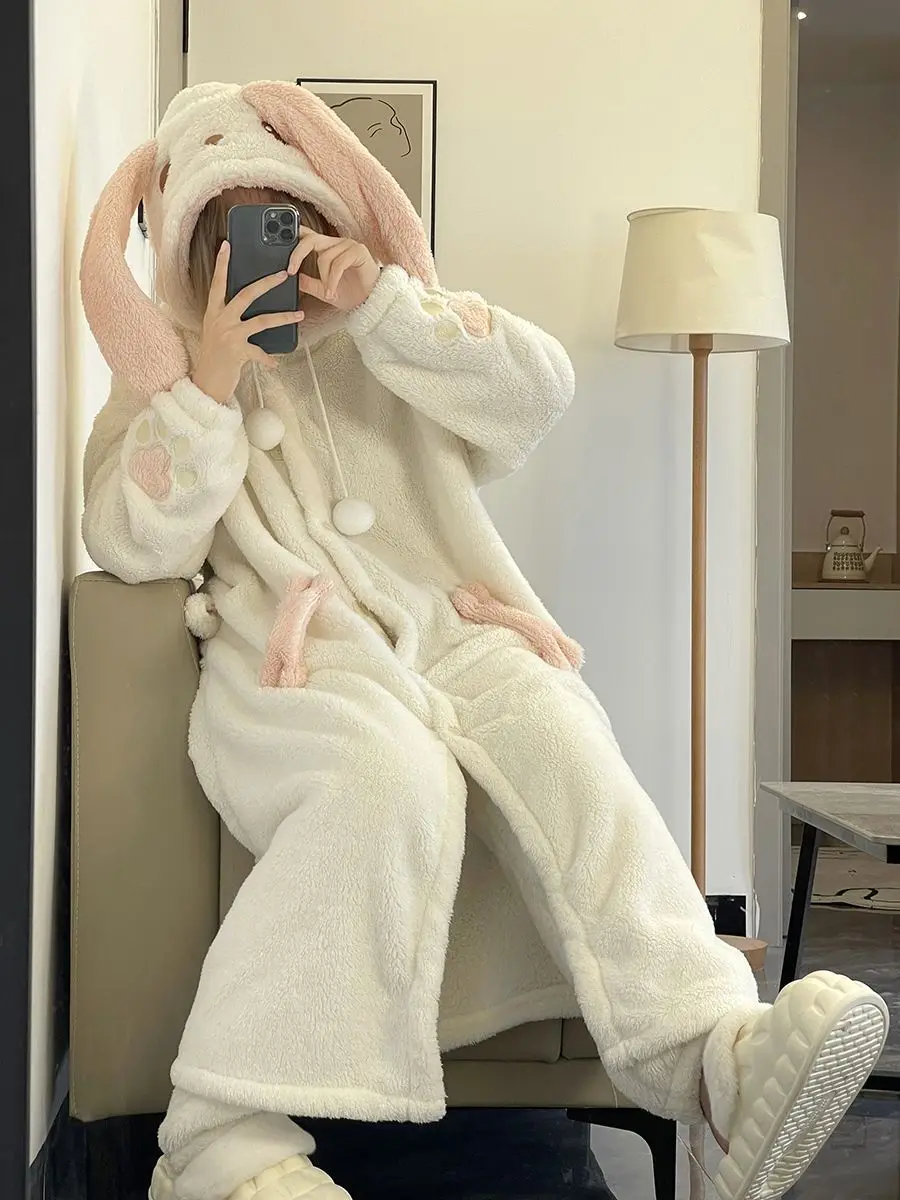 Cartoon Big Eared Rabbit Flannel Pajamas For Women In Winter, Thickened Coral Fleece Warm Home Clothes, Nightgowns, Long Pants