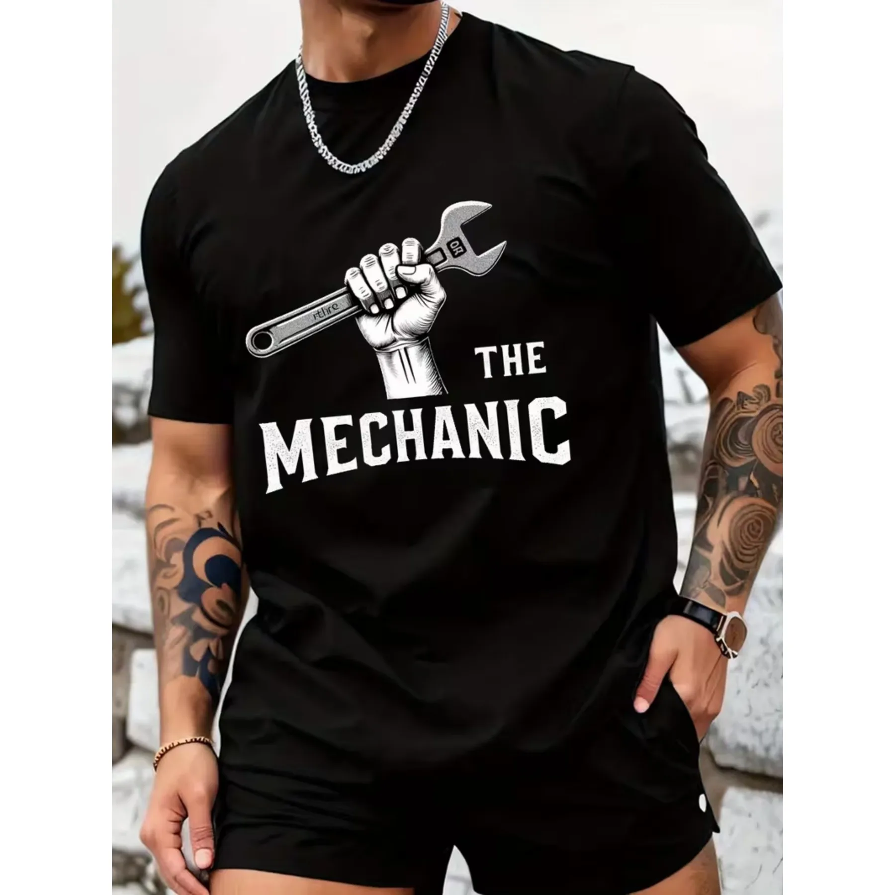 Mechanic Hand Wrench Graphic Tee Breathable Cotton Short Sleeve Casual Summer Top for Men