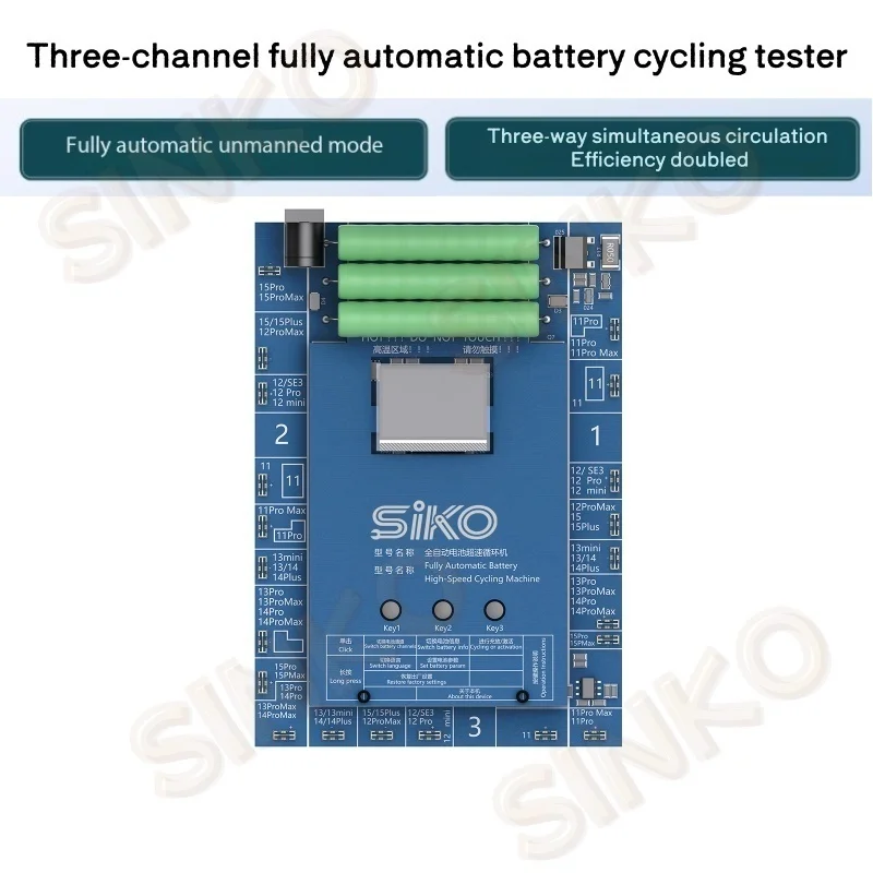 جهاز اختبار دورة البطارية الأوتوماتيكي بالكامل ثلاثي القنوات لسلسلة iPhone 11-15 آلة اختبار الشحن والتفريغ السريع للبطارية ​