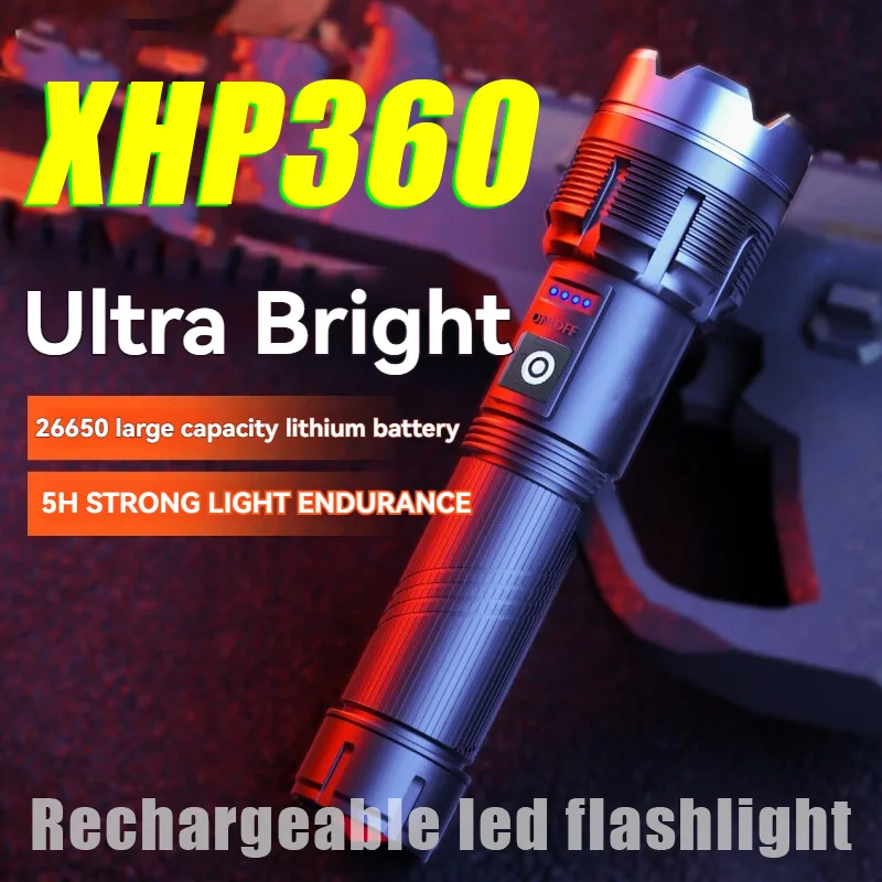 

Rechargeable led flashlight XHP360 High Power Zoom with COB Side Lamp 7 Modes Tactical Torch Waterproof Outdoor Hiking Fishing
