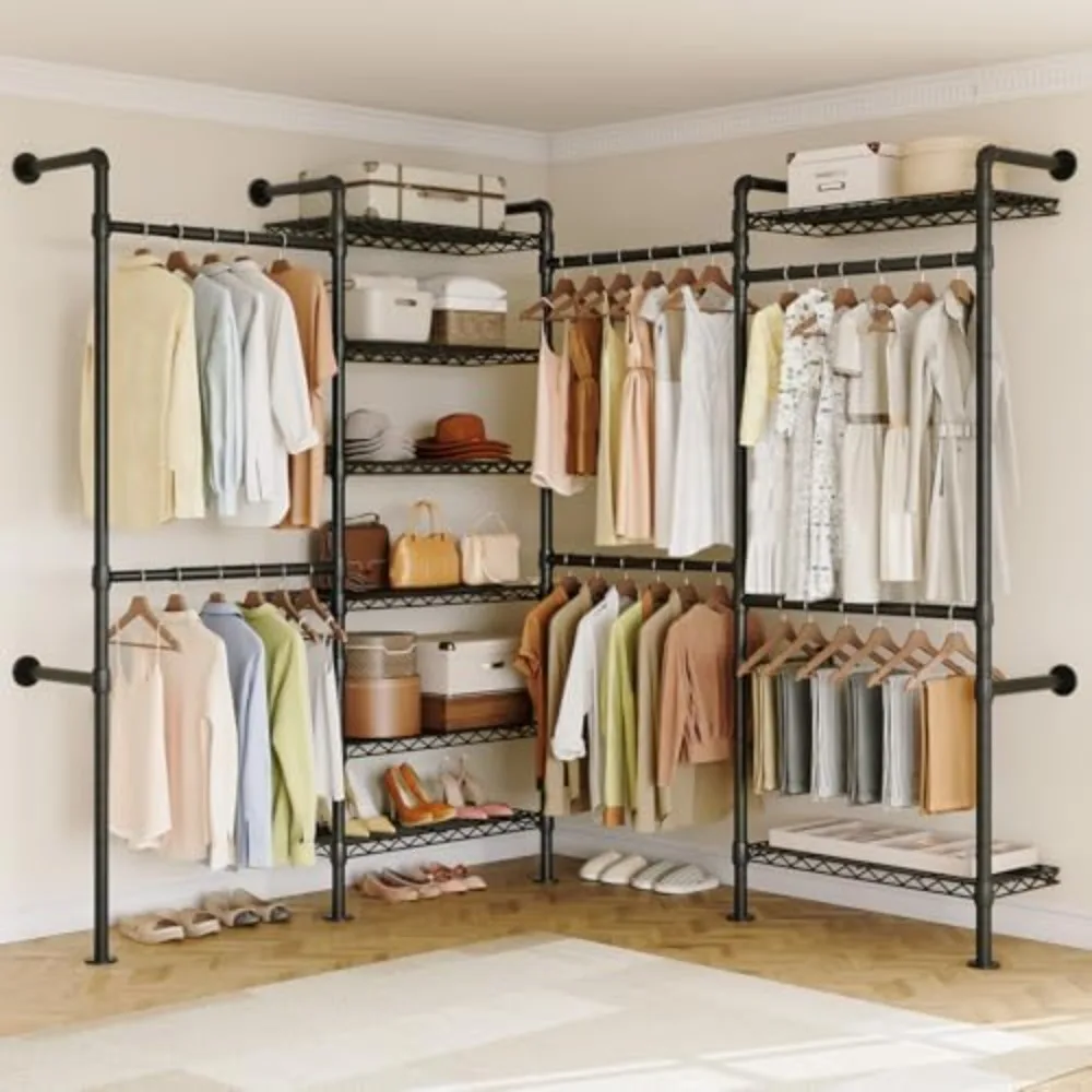 L4 Wall Mounted Industrial Pipe Clothing Rack, Closet Organizer System with 6 Hanging Clothes Rods ( 4 Expandable Rods)