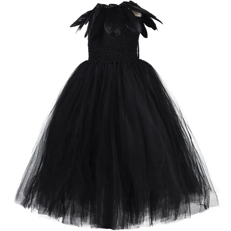 Black Maleficant Long Costumes for Girls Witch Queen Halloween Lined Dresses with Horns Feather Wings Kids Full Length Outfi@0Z*