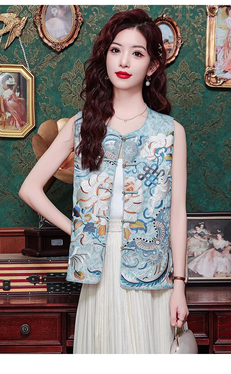 New Women Luxury Retro Embroidery Flowers Vest Coats Woman Vintage Orient Sleeveless Cheongsam Party Elegant Outwears NZ103