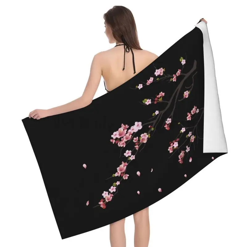 Japanese Sakura Cherry Blossom Black Bath Towel Microfiber Quick-Dry Beach Towel Large Towel 80x130cm
