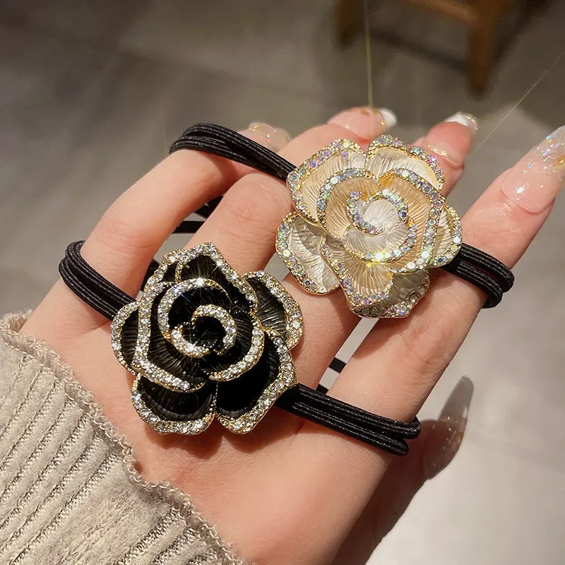High-End Camellia Rhinestone Hair Tie 2025 New Super Fairy-Like Hair Band Elastic Band for Women Ponytail Hair Rope Hair Accesso