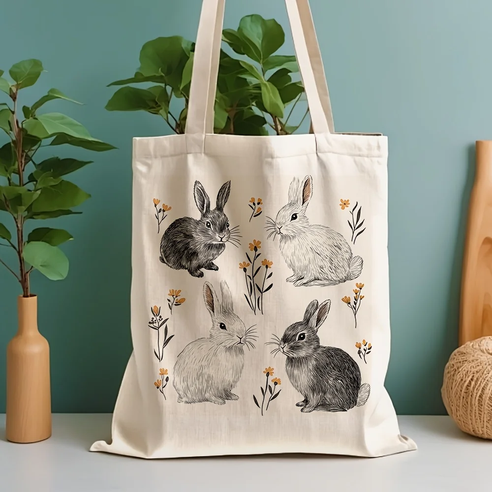A Rabbit Pattern Print Canvas Tote Bag, Suitable For Daily Use, Shopping, School, And Travel