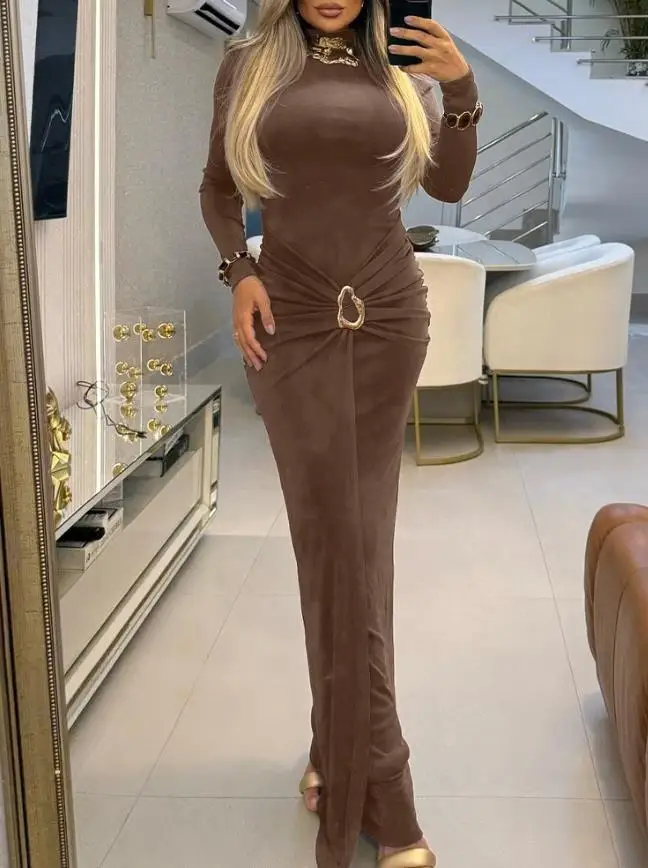 

New Fashion 2025 Casual Metal Ring Decor Mock Neck Long Sleeve Ruched Slim Fit Maxi Dress Wrap Front Zipper Back Evening Dress