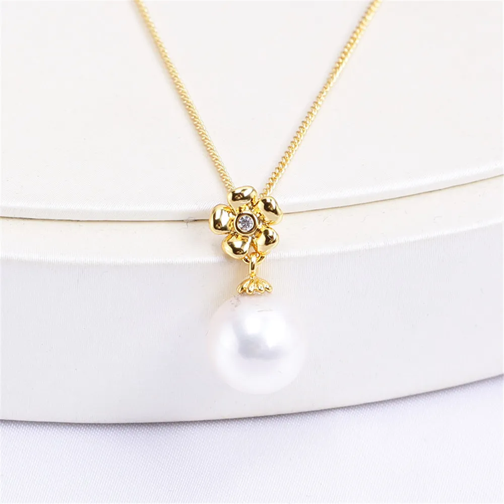 

Domestic 14k Gold Plated Color Preserving Flower Zircon Pearl Hollow Necklace Pendant DIY Accessories for Simple Women