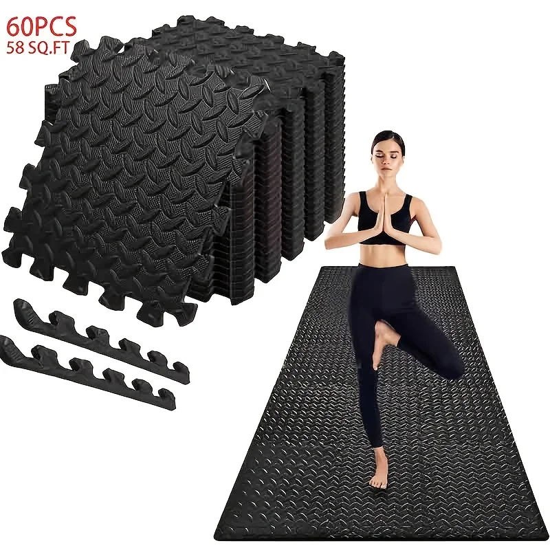 60pcs,11.8x11.8 Inch Interlocking EVA Foam Puzzle Floor Tiles, 1/2 Inch Thick Anti-Slip Shock Absorbing Gym Exercise Mats, Waterproof Noise Reduction Floor Padding with Border Strips for Home Gym Yoga Treadmill Garage Workshop, Foam Mats